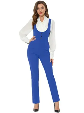 Allegra K Damen Latzhose U-Ausschnitt Büro Geradem Bein Elegant Hosenträger Jumpsuit Blau M