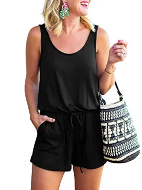 CLOUSPO Jumpsuit Damen Elegant Sommer Kurz Ärmellos Playsuit Strand Overall Romper Jumper (L, Schwarz)