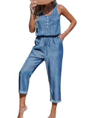CUPSHE Damen Jumpsuit U-Ausschnitt Ärmellos Knopfleiste Overall Sommer Casual Lose Playsuit Haremshose mit Taschen Blau M
