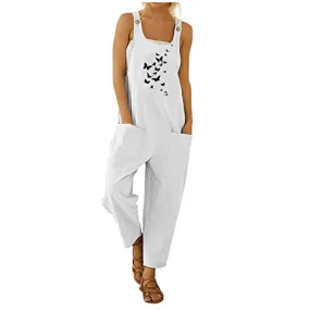 Damen Latzhose Jumpsuit Sommer Elegant Leinenhose Beiläufige Lose Lange Strampler Overall Ärmellos mit Taschen, Jumpsuit Damen S