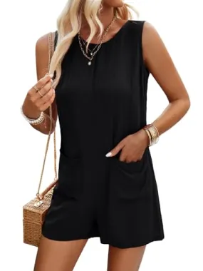 IFFEI Jumpsuit Damen Sommer Kurz Ärmellos Tank Overall Casual One Piece Outfits mit Taschen Schwarz L