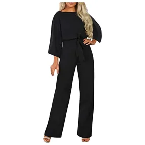 Jumpsuit Damen Elegant Hosenanzug Damen Kurzarm 3/4 Arm Lang Jumpsuit Elegant Overall Jumpsuit O-Ausschnitt Playsuit Rückenfrei 