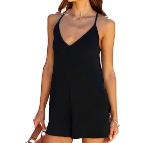 MeeQee Jumpsuit Damen Sommer Casual Kurz locker Einteiler Strampler V-Ausschnitt Ärmelloser Jumpsuit Verstellbarer Riemen Mit Ta