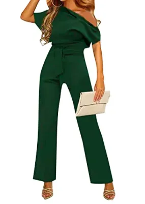 Minetom Damen Eine Schulter Elegant Lang Jumpsuit Overall Hosenanzug Einfarbig Party Hochzeit Festlich Playsuit Romper mit Gürte