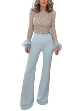 Minetom Damen Jumpsuit Elegant Langarm Patchwork Hohe Taille Cocktail Party Festlich Overalls Hosenanzug Playsuit Lang Romper mi
