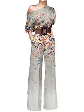ORANDESIGNE Damen Langarm Lang Jumpsuit Elegant Overall Jumpsuit V-Ausschnitt Playsuit Sexy Geblümter Hosenanzug Playsuit Romper