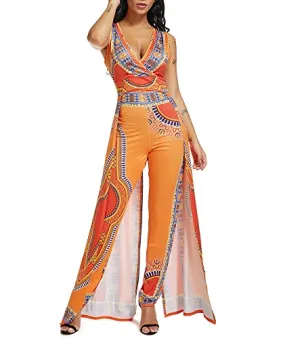 SOMTHRON Afrikanisches Jumpsuit Damen Blumen Ärmellos Playsuit mit V Kragen Split Hosenanzug Romper Sommer Ethnischer Stil Multi
