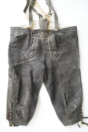Vintage Träger Lederhose Stickerei Kniebund Hirsch oder Ziegenvelour grau Gr.58
